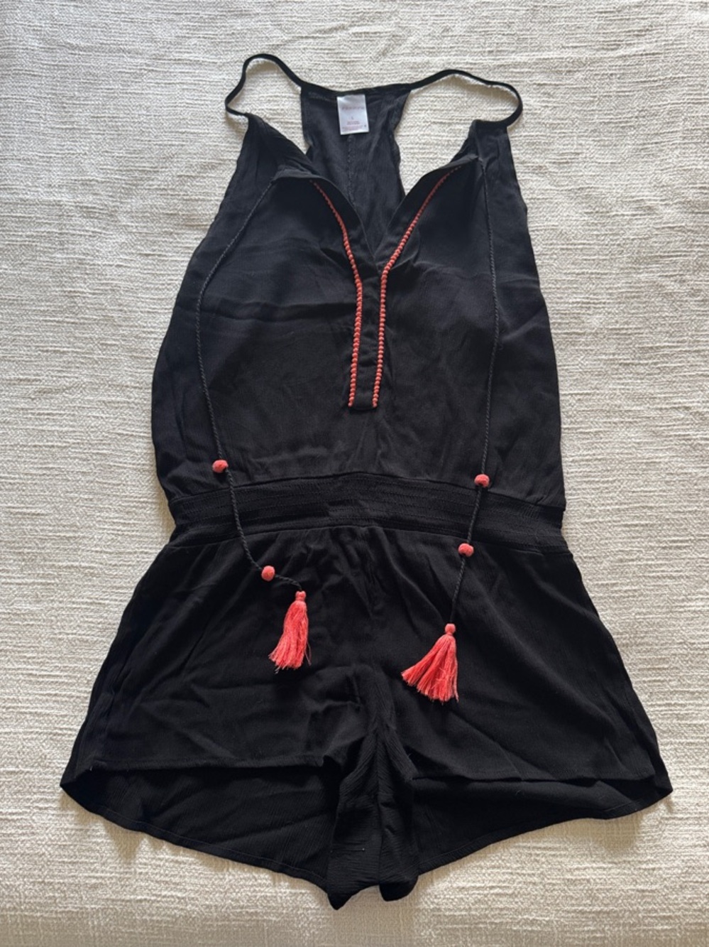 Xhilaration Black Swim Coverup Romper with Coral Tassels